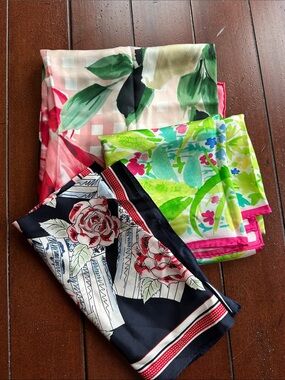 Three Floral Silk-Feel Scarf Bundle in Green, Pink and Black